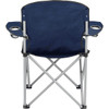 An oversized folding chair in navy blue with cup holders, featuring a metallic frame and a simple design.