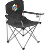 An oversized folding chair in black with a logo on the back and cup holders on each armrest.