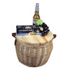 Wicker cooler basket in natural colour with a wooden lid, featuring crackers, grapes, and a drink bottle.