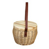 A wicker cooler basket in natural tones with a wooden lid and a brown leather strap. Contains no visible items.