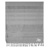 A grey flat towel with striped patterns and tassels along the bottom, featuring a logo in the corner.