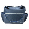 A grey cooler bag with a flap, featuring side pockets and a logo. It has a sturdy handle and adjustable strap.