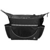 A black cooler bag with multiple pockets and a reflective strip. It features a zippered top and has a logo.