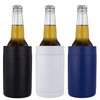 Three cylindrical can holders in black, white, and navy blue, each holding a glass bottle. Each holder has a simple design and a logo.