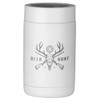 A drink holder in white with a logo featuring an antlered skull and crossed rifles.