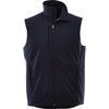 Men's softshell vest in navy blue featuring a high collar and zippered front, with branding on the garment.