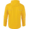 A yellow rain jacket with a hood and reflective details at the back. It features long sleeves and a minimalist design.