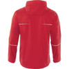 A red men's rain jacket with a hood and reflective accents, featuring a logo on the back.