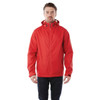 A red rain jacket for men with a hood, featuring a logo on the chest and a simple design.