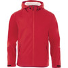 A red men's rain jacket with a hood, featuring a zip front and pockets, and a logo on the sleeve.