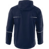 A navy rain jacket featuring a hood and reflective details on the back. It has a logo on the fabric.