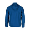 A blue men's packable jacket featuring a hood and a back view, with branding on the fabric.
