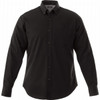 A black men's long sleeve button-up shirt with a pocket and a logo.
