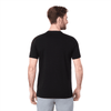 A black short sleeve men's t-shirt with a simple design and comfortable fit, featuring a logo on the back.