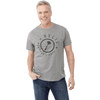 A grey short sleeve tee featuring a logo on the front, worn by a smiling man.