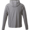 A grey knitted jacket with a hood, featuring contrasting stitching and a casual design.