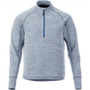 A light grey knitted jumper featuring a half zip and raglan sleeves, with a contrasting blue zip detail.