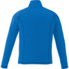 A blue men's polar fleece quarter-zip jumper with black stitching and a logo on the back.
