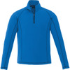 A blue men's quarter zip polar fleece jumper featuring a logo and contrasting stitching.