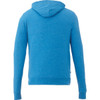 A blue knit full zip hoodie for men, featuring a hood and long sleeves. It has a logo on the garment.