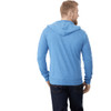 A full zip hoody in light blue, featuring a hood and a logo, worn by a man from the back.