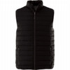 A black insulated vest with a stand-up collar and zippered pockets, featuring a branding logo.