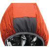 A hood of an orange and grey puffer jacket, showcasing the quilted texture and inner lining.