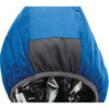 A blue puffer jacket with a grey section on the hood, showcasing its insulated design and shiny interior.