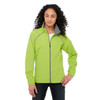 A women’s packable rain jacket in bright green with a zip front, featuring a logo and grey accents.