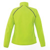 A bright lime green women's rain jacket featuring a high collar and reflective detailing on the back.