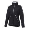 A black women's rain jacket with a zip front, contrasting grey details, and two front pockets.