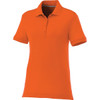 An orange women's short sleeve polo shirt with a classic collar and a logo.