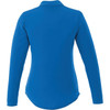 A long sleeve polo shirt for women in a vibrant blue colour, featuring a collar and a logo.