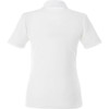 A white women's polo shirt with short sleeves and a collar, featuring a logo.