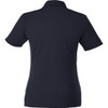 A navy women's polo shirt featuring short sleeves and a collar, with a logo on the back.