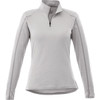 A women's quarter zip jumper in light grey, featuring long sleeves and a subtle logo.