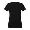 A black women's short sleeve t-shirt, featuring a simple design and a logo on the back.