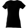 A black women's short sleeve tee with a v-neck design. The fabric appears soft and casual, featuring a logo.