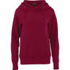 A red fleece hoody featuring a front pocket and a drawstring hood, designed for women. It has a brand logo.
