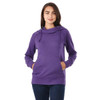 A women's purple fleece hoody with a hood and front pocket, featuring a logo.