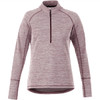 A knitted women's half-zip jumper in a maroon blend with long sleeves and a zippered collar. Features a logo.