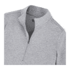 A grey quarter-zip jacket with a collar and branding, featuring a soft knit fabric.