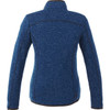 A women's knit jacket in a deep blue colour with a sleek design and a logo on the back.