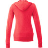 A red women's full zip hoodie featuring a hood and long sleeves, with a logo on the design.