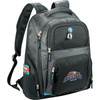 A black laptop backpack with padded straps, multiple compartments, and a logo. Features a mesh fabric design and blue accents.