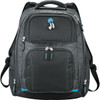 A black checkpoint-friendly laptop backpack with multiple zippered compartments and a blue accent. Features a logo.