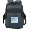 A grey laptop backpack with adjustable straps and a logo, featuring a sleek design and a front pocket.