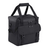 A black cooler bag with a sturdy handle and adjustable straps, designed to hold 24 cans.