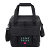 A black cooler bag featuring a front pocket and a logo. It has short handles and a shoulder strap for carrying.