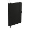 A black notebook with a ribbon closure, featuring a logo and a sleek, minimalist design.